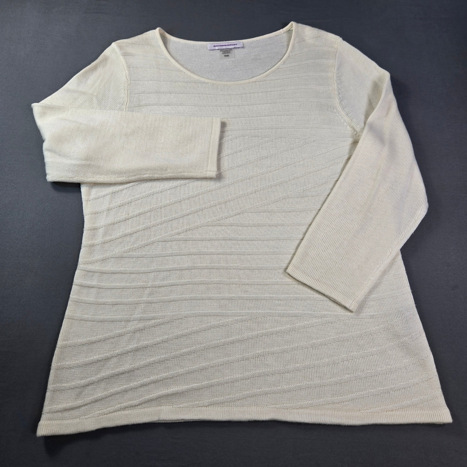 Allison Daley Women's Cream Textured Knit 3/4 Sleeve Scoop Neck Sweater Size M
